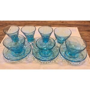 10 Pc 1950s Hazel Atlas Capri Dots Azure Blue Whisky Glasses Cups Saucers Custar